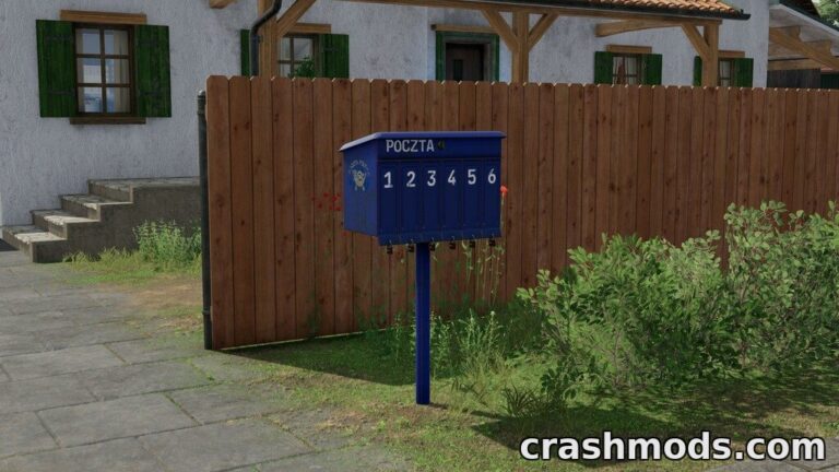 A vibrant blue mailbox stands beside a rustic house, enhancing the Farming Simulator 22 environment with detail.