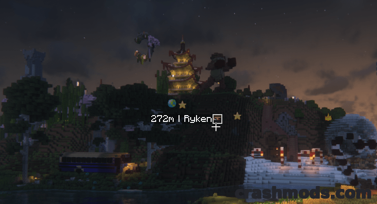 A scenic Minecraft landscape featuring a pagoda, markers, and player claims illuminated at night.