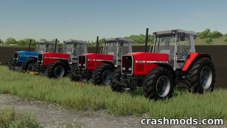 Showcasing the Massey Ferguson 3600 Tractor Pack with four distinct models lined up in a lush farming landscape.