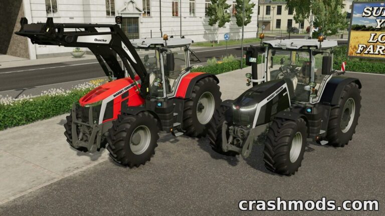 Two Massey Ferguson 8S tractors, one red and one black, parked side by side on a farm road in Farming Simulator 22.
