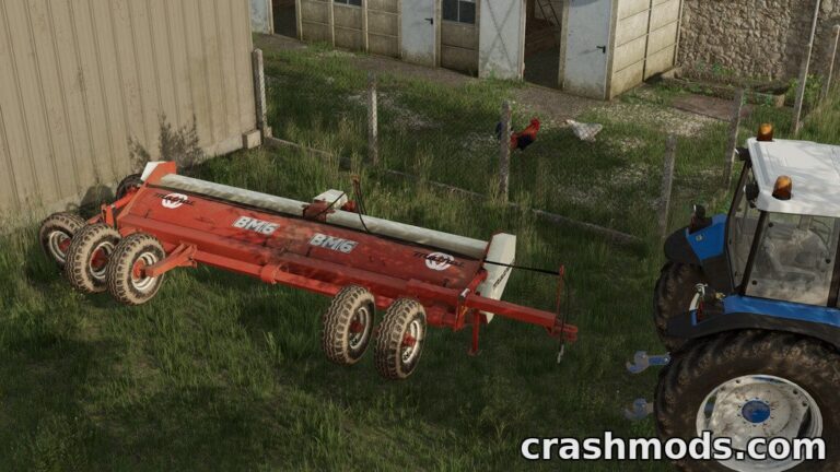 The Matrot BM6 mod for Farming Simulator 22 showcases a red cultivator parked beside a barn, ready for use.