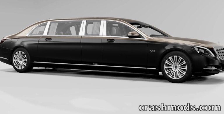 Mercedes-Maybach Pullman S650 limousine showcased in BeamNG.drive, featuring sleek design and luxury details.