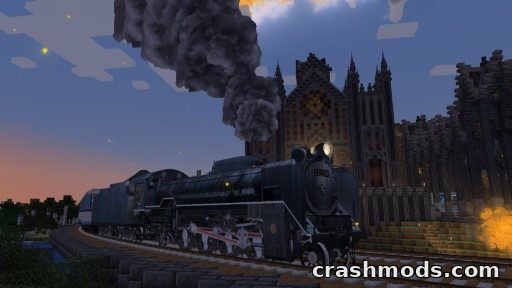 A steam locomotive billows smoke as it travels past a grand castle in Minecraft's Nemo's Transit Expansion mod.