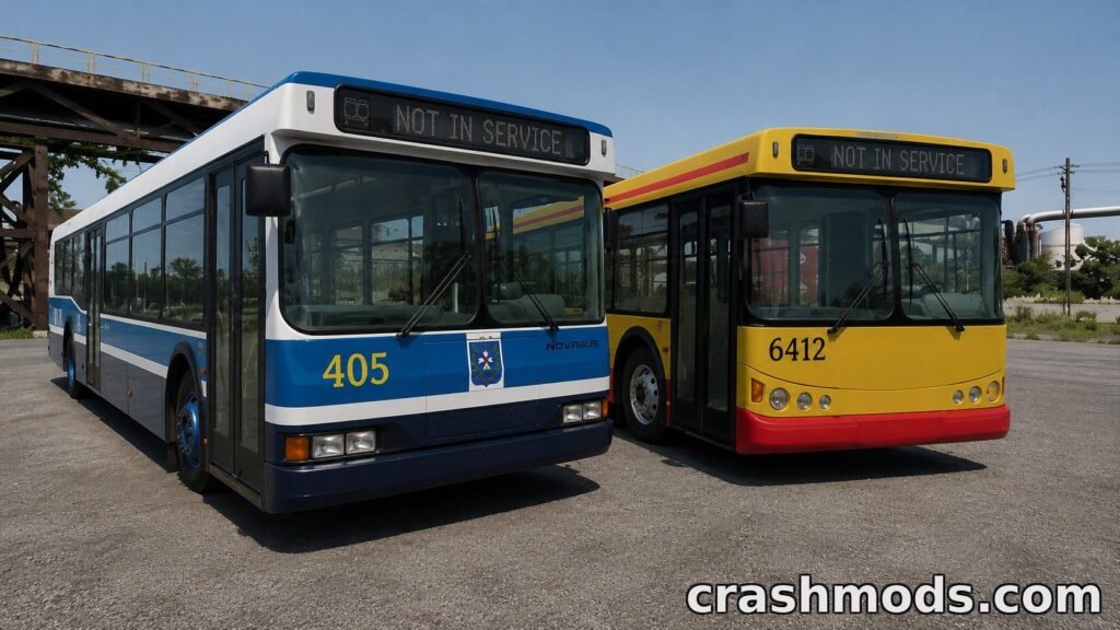 Two detailed European Wentward buses, one blue and white, the other yellow, parked with "NOT IN SERVICE" signs.