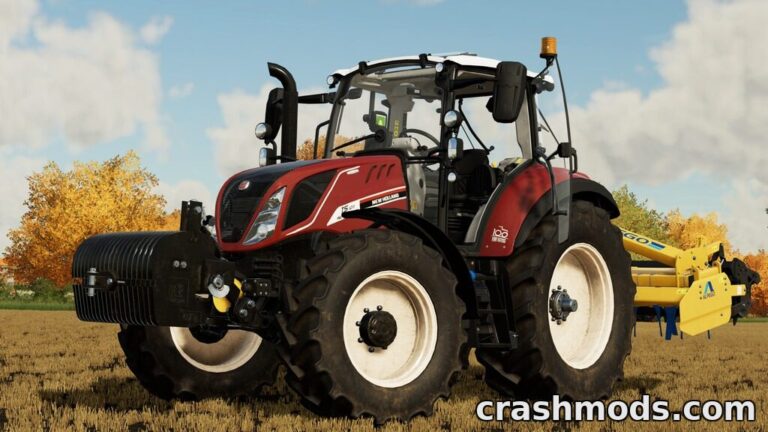A red tractor equipped with a New Holland 850kg front weight, set against a vibrant autumn landscape in Farming Simulator 22.