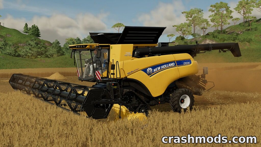 New Holland CR 10.90 combine harvester working in a wheat field, equipped with three headers for efficient harvesting.