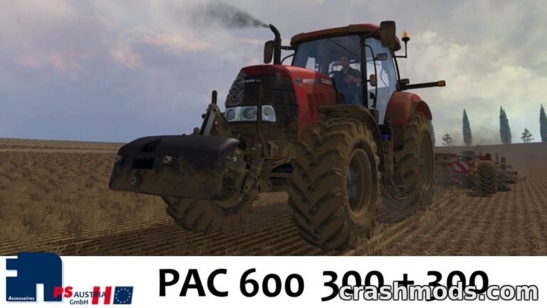 A red tractor equipped with the PAC 600 Compact Magnetite Weight Set plows a field in Farming Simulator 15.
