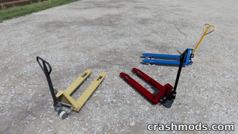 Four colorful electric pallet jacks in yellow, red, blue, and black are arranged on a gravel surface for Farming Simulator 22.