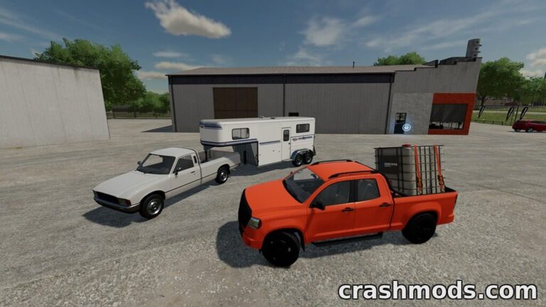 Two pickup trucks, one white and one orange, are parked near a trailer in a Farming Simulator 22 mod scene.