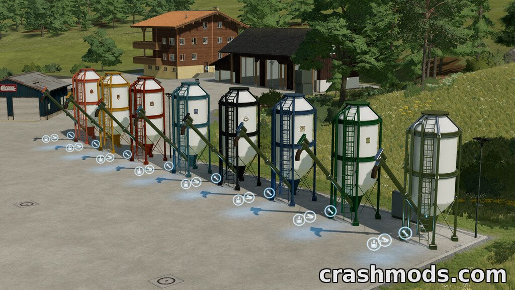 Various colorful silos lined up for storing feed, fertilizer, seeds, lime, and salt in Farming Simulator 22.