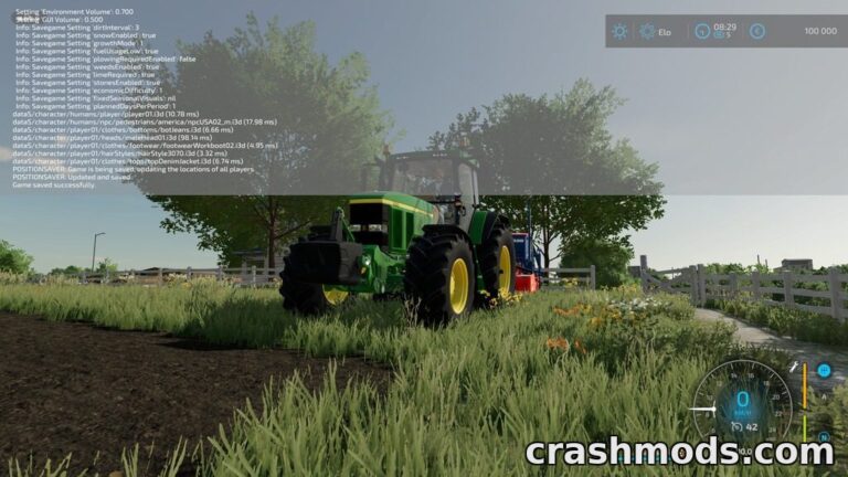 A green tractor is parked in a lush field, showcasing the "Player Position Saver" mod in Farming Simulator 22.