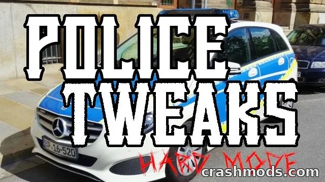 A police car with a blue and white design parked on a street, featuring the mod title "Police Tweaks Hard Mode."