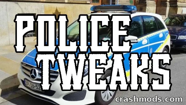 A sleek police car with blue and yellow markings parked on a city street, showcasing the "Police Tweaks" mod for Euro Truck Simulator 2.