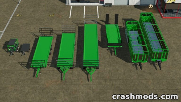Showcasing various green autoload bale and livestock trailers from the "Ponge Pack" mod for Farming Simulator 22.