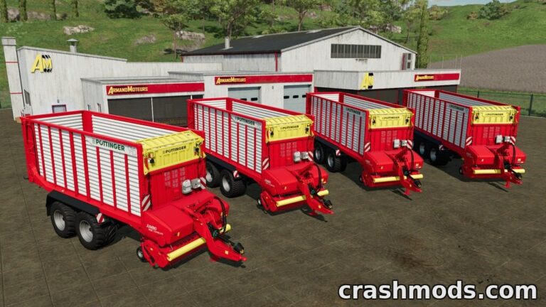Four red Pöttinger forage wagons lined up outside a farm building in Farming Simulator 22.