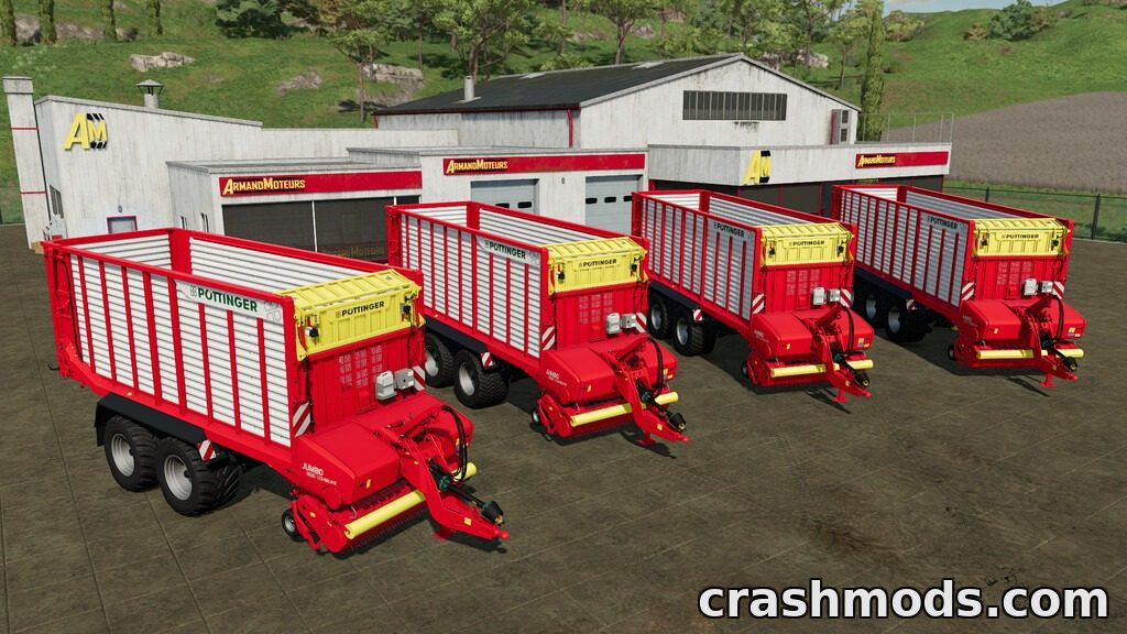 Four red Pöttinger forage wagons lined up outside a farm building in Farming Simulator 22.
