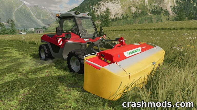 A Pöttinger NOVAALPIN 261 alpine mower attached to a tractor, cutting grass in a scenic mountainous landscape.