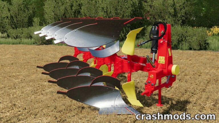 Detailed view of the Pöttinger Servo 25 3+1 plow mod for Farming Simulator 22, showcasing its shiny metal blades and vibrant red frame.