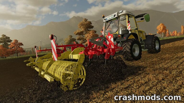 A Pöttinger SYNKRO 3020 cultivator is actively tilling soil in a vibrant Farming Simulator 22 landscape.