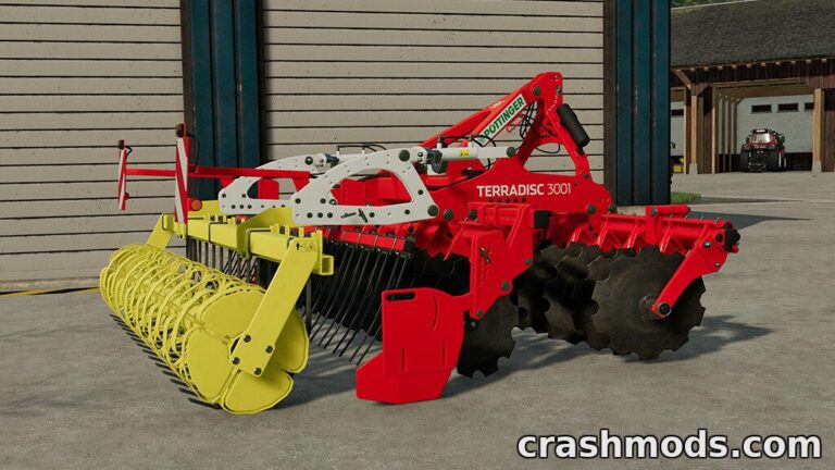 Detailed view of the Pöttinger Terradisc 3001 disc harrow, showcasing its vibrant red and yellow design for Farming Simulator 22.