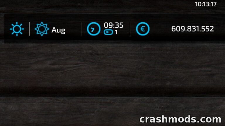 RealClock mod for Farming Simulator 22 displays a customizable HUD showing time, date, and currency.
