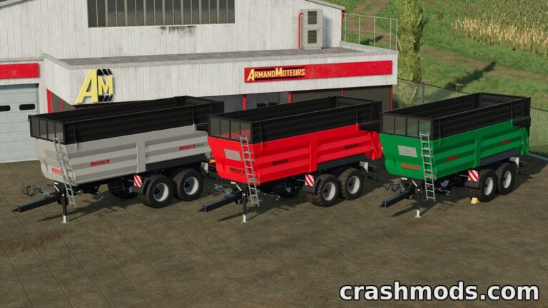 Three high-capacity trailers in grey, red, and green parked outside a garage in Farming Simulator 22.