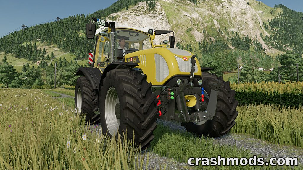 The Rigitrac SKH 150 tractor showcases detailed design and powerful performance in a lush farming landscape.