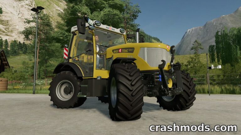 The Rigitrac SKH 75 tractor showcases its detailed design and powerful stance in a scenic Farming Simulator 22 environment.