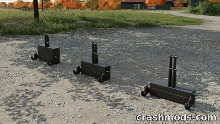 Three weight blocks with catch hooks on wheels, designed for heavy lifting in Farming Simulator 22.
