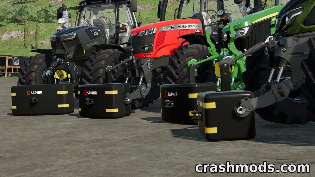 Tractors equipped with Saphir Top Weight Pack, showcasing various weights from 450 to 1450 kg for enhanced stability.