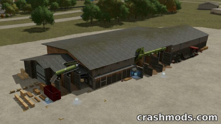 Detailed view of the buyable sawmills in Elmcreek and Haut-Beyleron for Farming Simulator 22, showcasing wood processing.