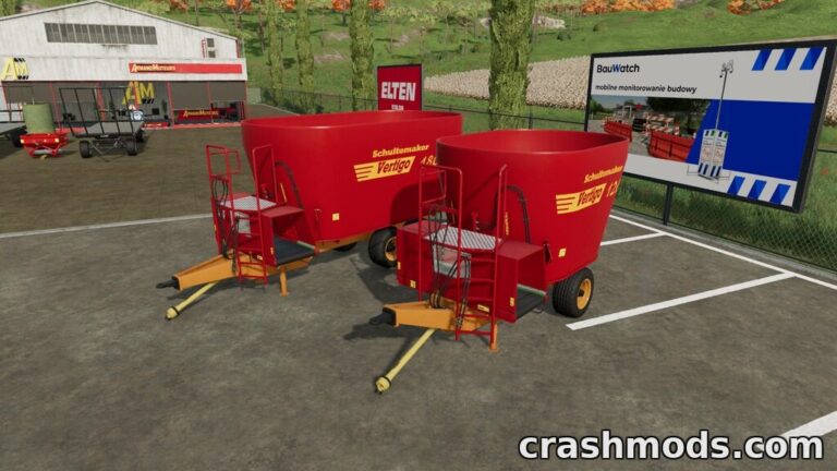 Two red Schuitemaker Vertigo silage trailers, 12,000 and 18,000 liters, displayed in a Farming Simulator 22 environment.