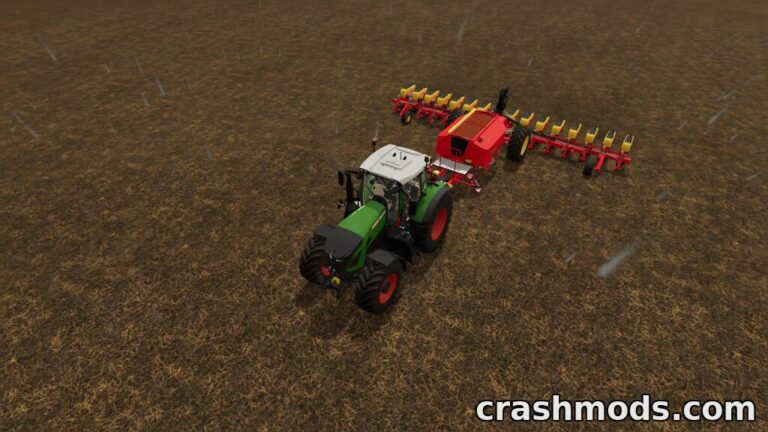 A tractor equipped with a seed tank is preparing to plant seeds in a rain-soaked field in Farming Simulator 22.
