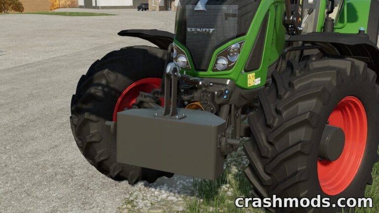 A green tractor equipped with a heavy front weight mod enhances stability in Farming Simulator 22.