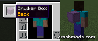 Minecraft character equipped with a Shulker Box as a back accessory for quick access in the inventory.