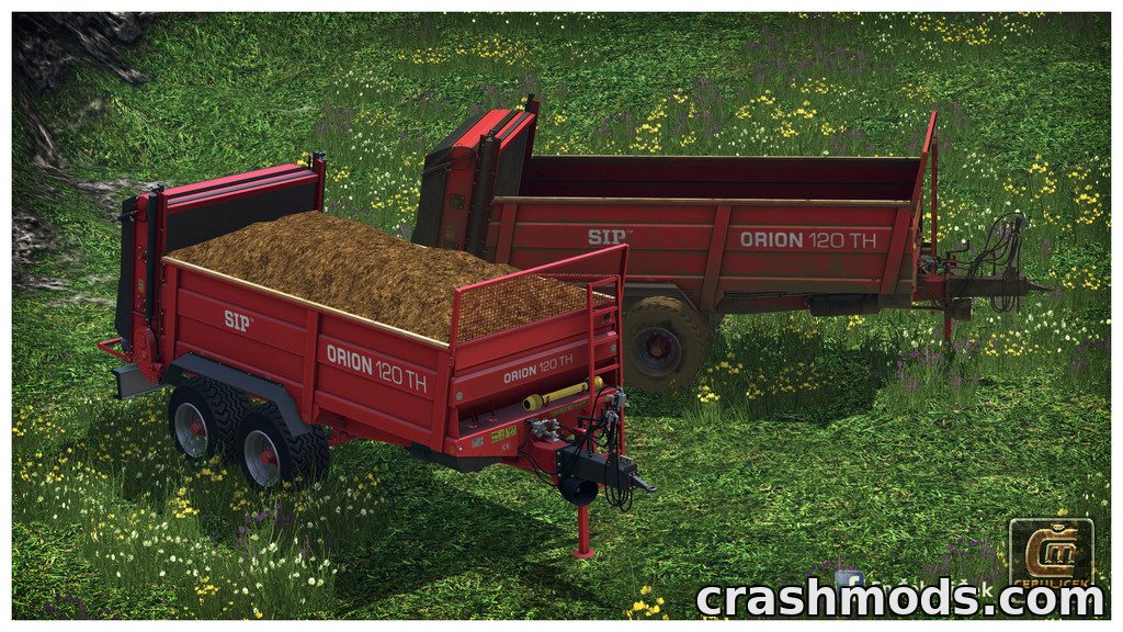 SIP Orion 120 TH manure spreader showcases dynamic hoses and a detailed design, ready for Farming Simulator 15.