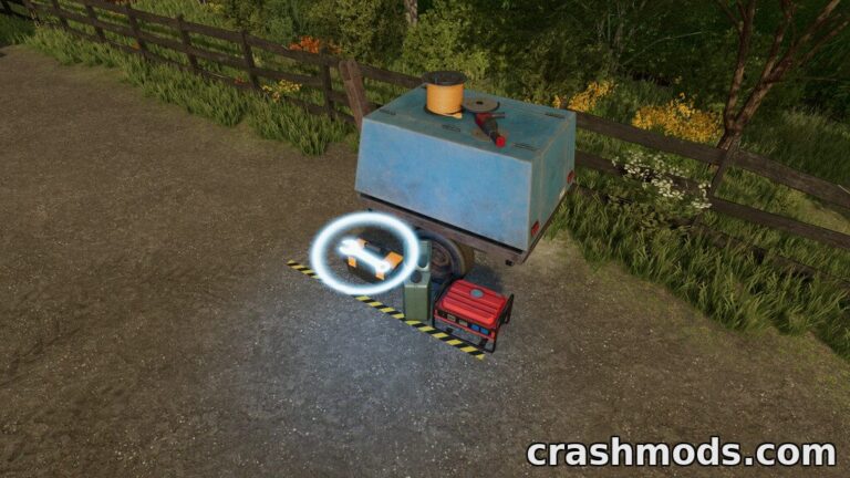 A small workshop trailer equipped with tools and a repair point for vehicles in Farming Simulator 22.