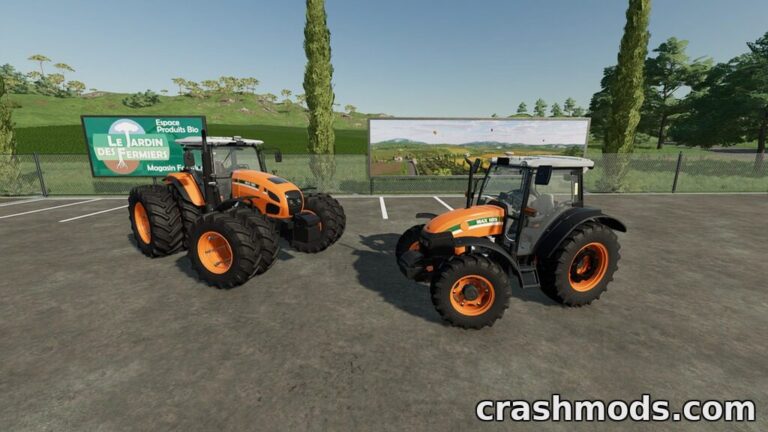 Two orange and black tractors, Max 105 and Max 150, showcased in a farming environment with a scenic backdrop.