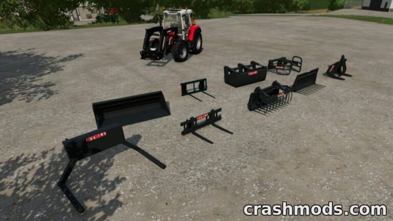 Various front loader attachments from the STOLL PACK mod for Farming Simulator 22, displayed beside a tractor.