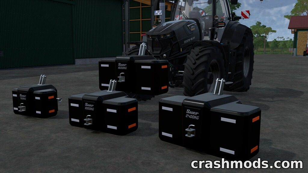 Front weights from the "Suer Weight Pack" for Farming Simulator 22, showcasing various sizes attached to a tractor.