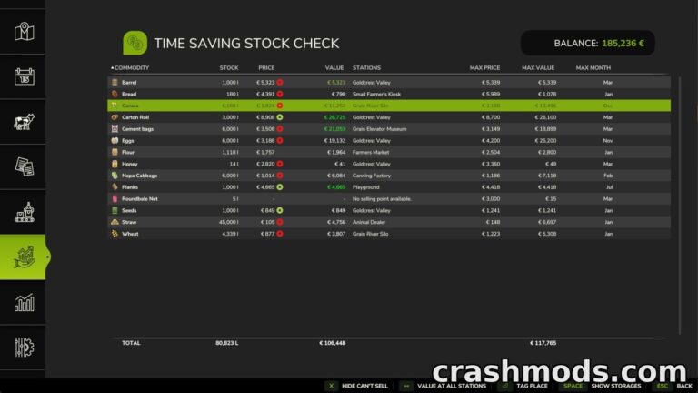 Time Saving Stock Check – Stock and Price Overview Farming Simulator 25 mod screenshot