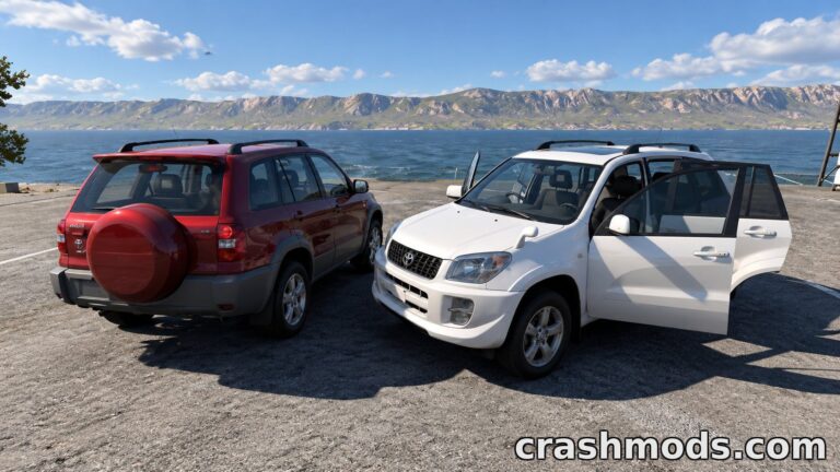 Two Toyota RAV4 SUVs, one facelifted and one pre-facelifted, parked by a scenic lakeside view in BeamNG.drive.