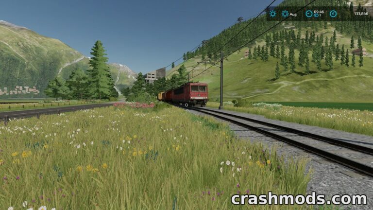 A train approaches a scenic landscape in Farming Simulator 22, showcasing the "Train Stop" mod in action.
