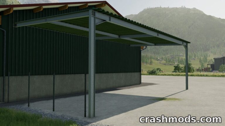 A versatile porch roof structure for Farming Simulator 22, featuring a metal frame and green roofing.