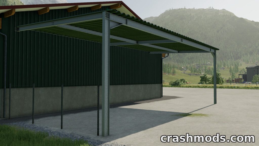 A versatile porch roof structure for Farming Simulator 22, featuring a metal frame and green roofing.