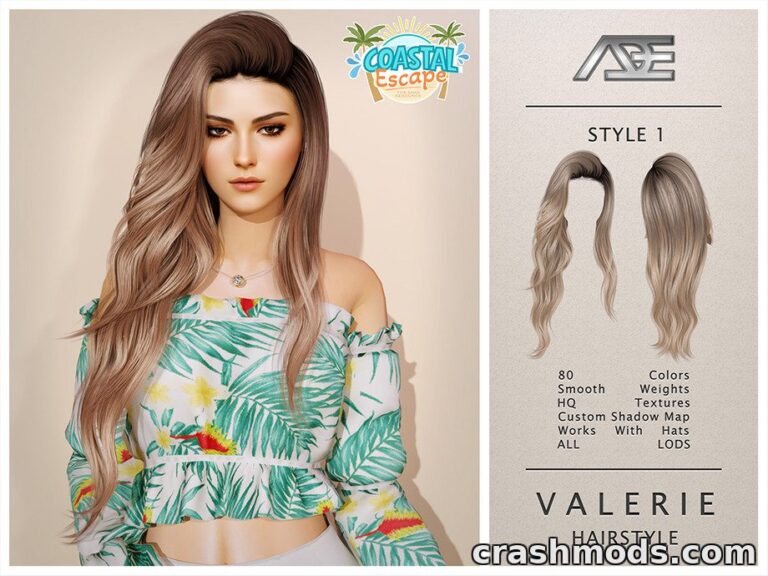 Sims 4 character showcases the "Valerie Hairstyle – Style 1" with long, wavy hair and vibrant tropical attire.