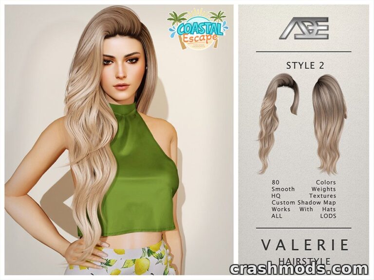 The "Valerie Hairstyle – Style 2" mod features long, wavy hair for Sims, showcasing smooth textures and customizable options.