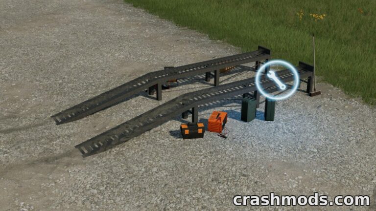 Placeable repair ramps for vehicle workshop in Farming Simulator 22, surrounded by tools and equipment.