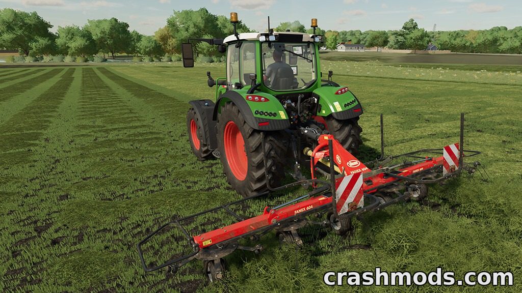 A Fendt tractor operates the Vicon Fanex 604 tedder, spreading grass for hay and silage in Farming Simulator 22.