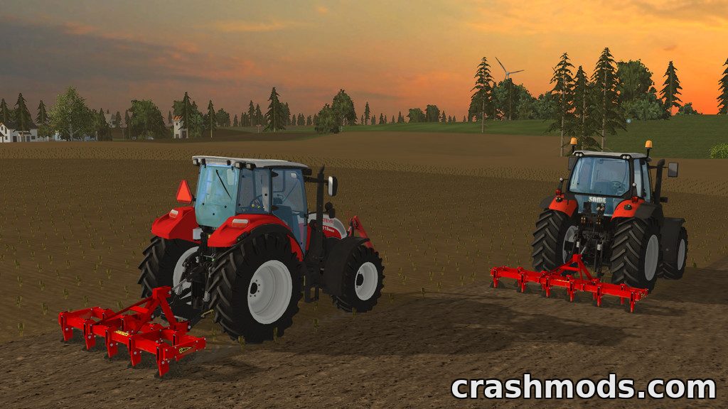 Two red tractors equipped with KS250 and KS300 tine cultivators work the soil in a Farming Simulator 15 landscape.